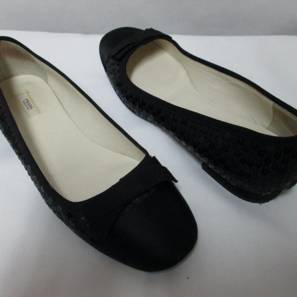 PRADA Vintage black Sequin Satin Leather flats with bow Italy slides Size 37 7